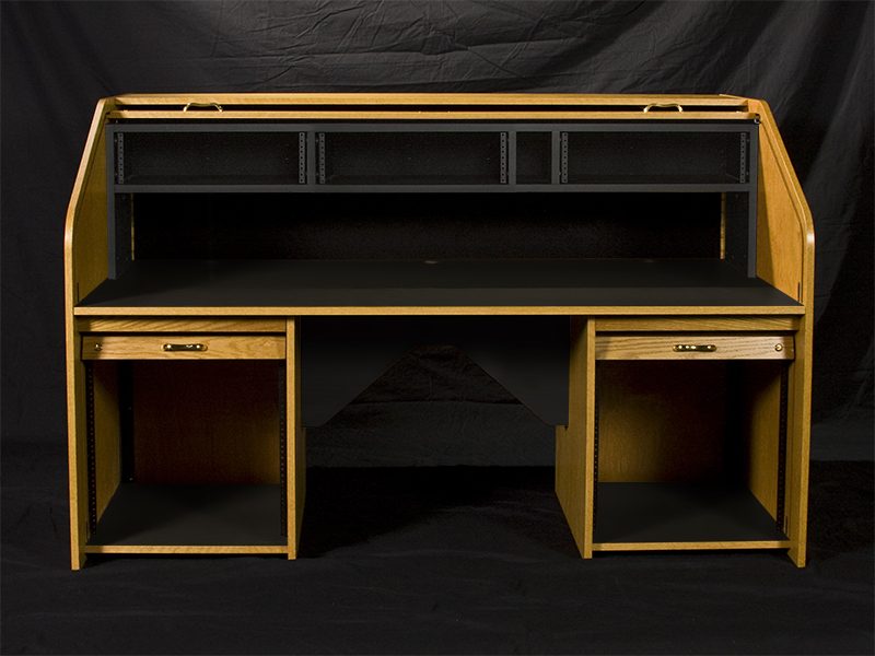 RTCUS-II The Rolltop Custom desk with the rolltop open showing the triple bay rack system