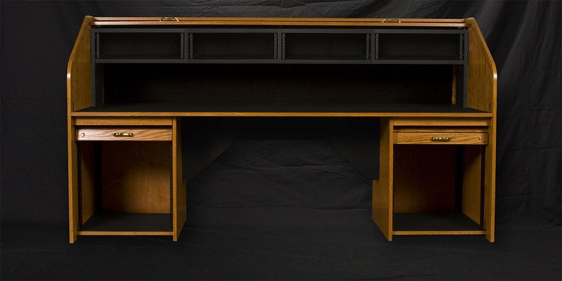 RTQUAD-II The Rolltop Custom Quad desk open view with the upper rack bays raised