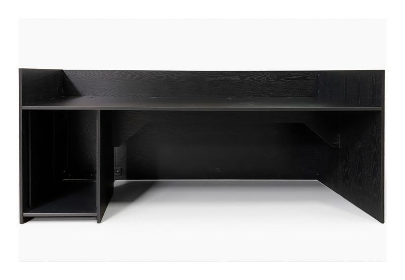 Clearspan broadcast desk front view showing the continuous, uninterrupted work surface