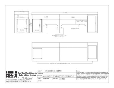 Clearspan CS-25013 broadcast desk spec sheet drawing with dimensions and rack layout