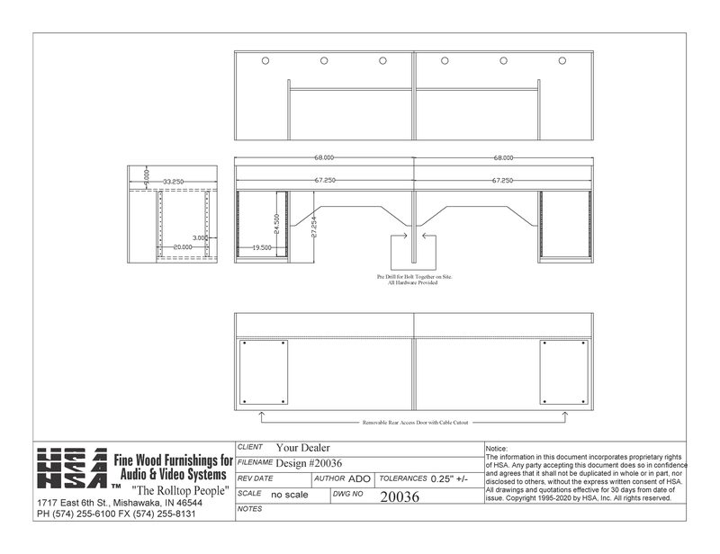 Clearspan CS-2x68 broadcast desk spec sheet drawing with surface and rack dimensions