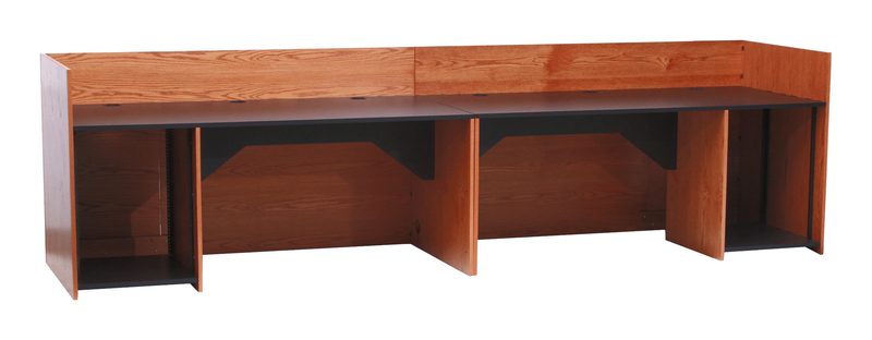 Clearspan CS-2x68 broadcast desk alternate angle with the rolltop raised for access