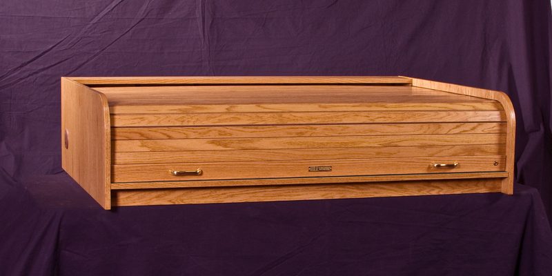 DTEXT-II Desktop Extended A/V desk, three-quarter view with the tambour closed