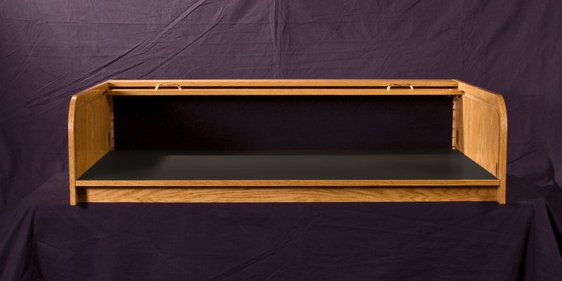 DTEXT-II Desktop Extended rolltop desk with the tambour open, worksurface and upper rack bays in view