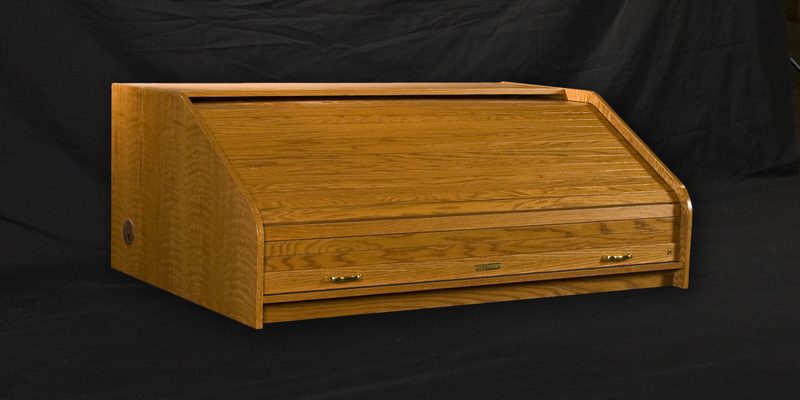 DTHREXT-II Desktop Highrise Extended desk, three-quarter view with the tambour closed