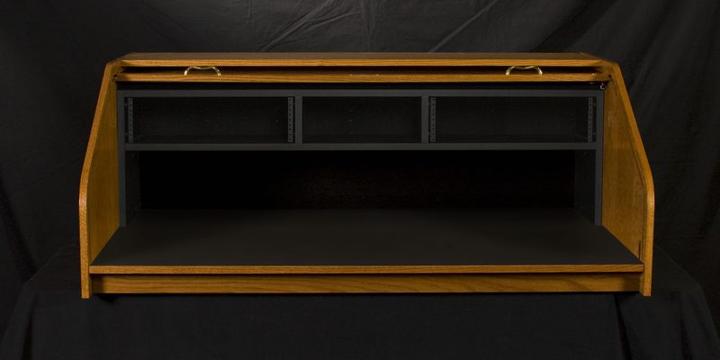 DTHREXT-II Desktop Highrise Extended desk, tambour open showing the dual three bay upper racks