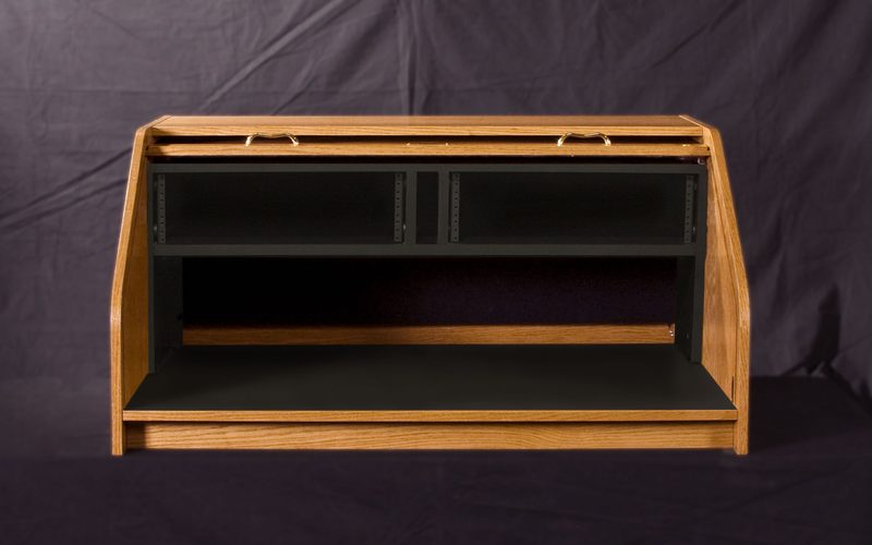 DTHRSTD-II Desktop Highrise Standard desk, tambour open with dual three bay upper racks visible