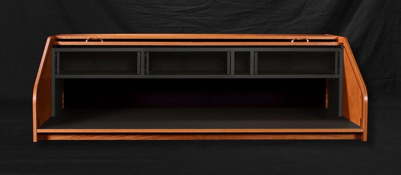 DTRTC-II Desktop Rolltop Custom desk, tambour open with the upper SlideOut rack bays in view