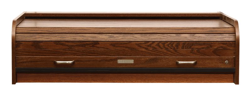 DTSTD-II Desktop Standard rolltop desk in teak, front view with the tambour closed