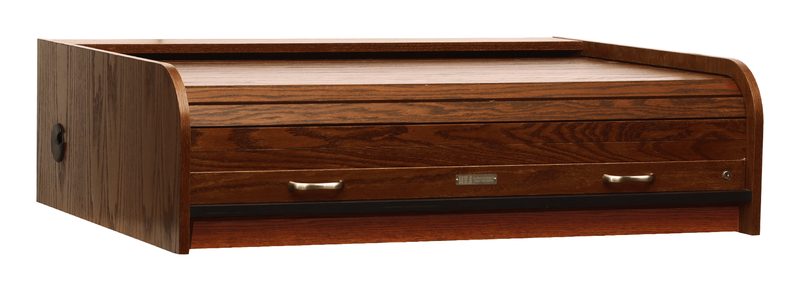 DTSTD-II Desktop Standard rolltop desk in teak, three-quarter view