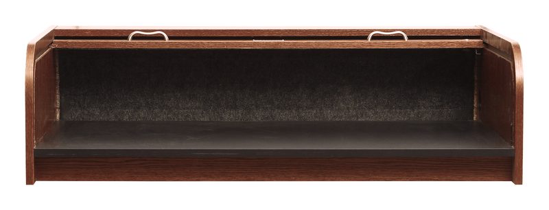 DTSTD-II Desktop Standard rolltop desk in teak with the tambour open and retracted under the table