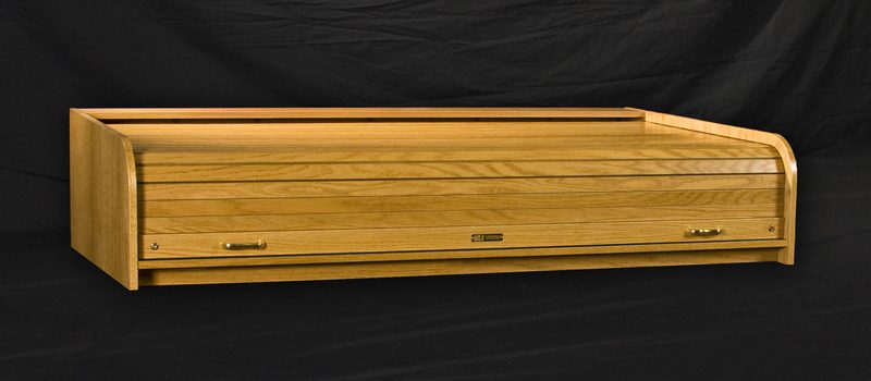 DTSXT-II Desktop Super Extended low profile rolltop desk, three-quarter view with the tambour closed