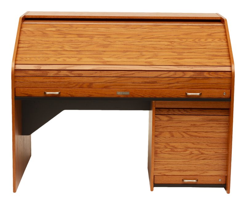 HREXT-II High Rise Extended Rolltop desk angled view with a SlideOut upper rack bay