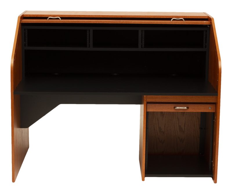 HREXT-II High Rise Extended Rolltop desk rear view with the rack access panel