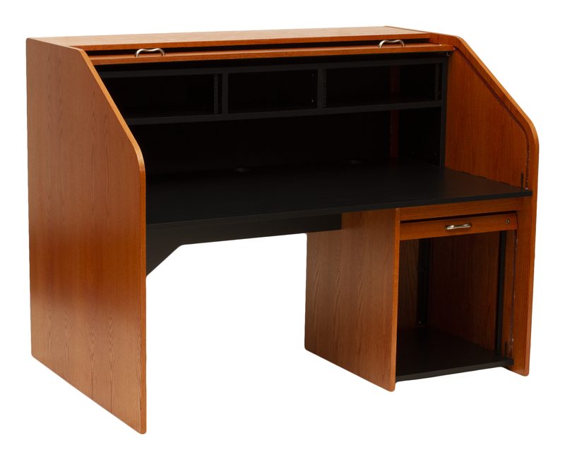HREXT-II High Rise Extended Rolltop desk detail of the shelf space between twin racks