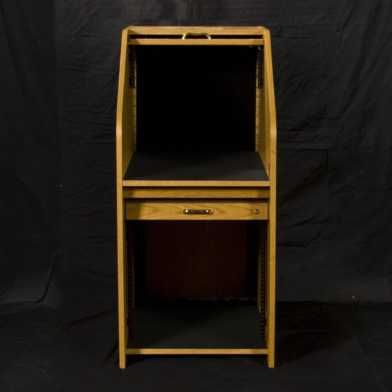 HRMINI-II High Rise Mini Rolltop desk with the rolltop open showing both rack bays