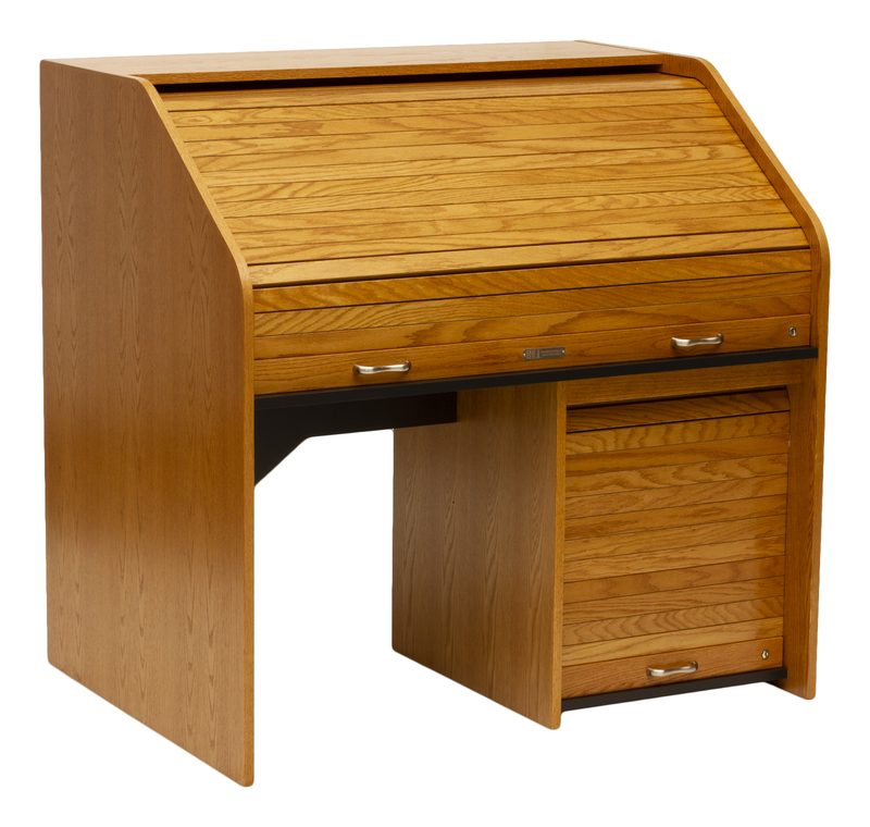 HRSTD-II High Rise Standard Rolltop desk three-quarter view with the rack bay raised