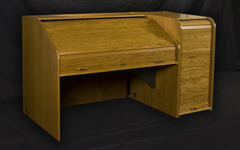 INSHRE-II Inspire Highrise Extended console, three-quarter view with the tambour closed