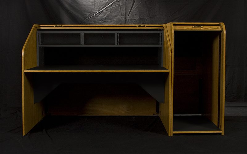 INSHRE-II Inspire Highrise Extended console, tambour open showing the upper rack bays