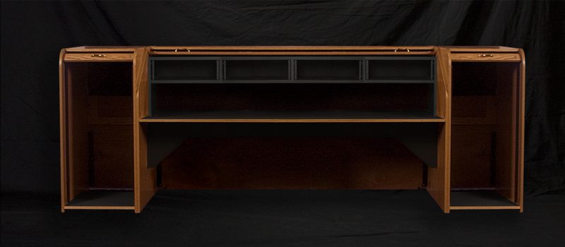 INSQUAD-II Inspire Rolltop Quad console, tambour open showing the worksurface