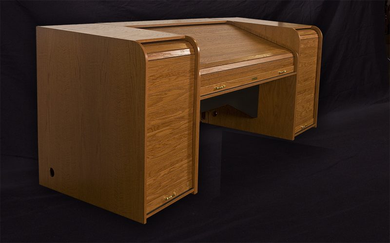 INSRTC-II Inspire Rolltop Custom console, three-quarter view with the tambour closed