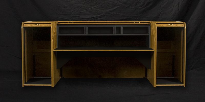 INSRTC-II Inspire Rolltop Custom console, tambour open showing the upper SlideOut bays