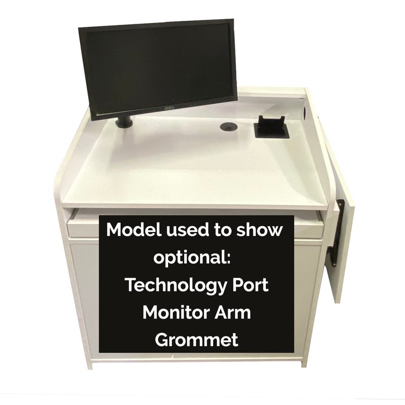 Multi-Media teaching lectern in Wilsonart Designer White laminate with keyboard pullout and vented 12 RU rack door