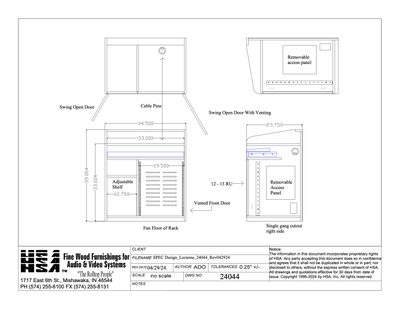 Multi-Media teaching lectern spec sheet covering the 12 RU locking front door, side panel and options