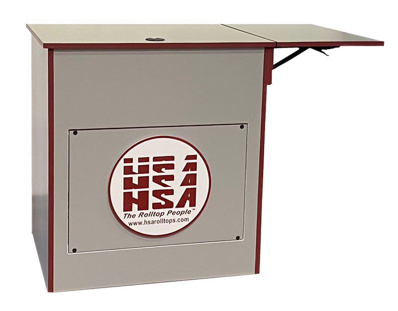 Teaching lectern and A/V presenter cart, front view with school mascot plaque and locking rolltop tambour door