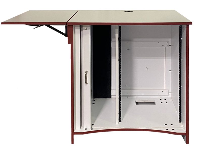 Teaching lectern, side angle view showing the flush-mount locking rear door and CPU tower compartment