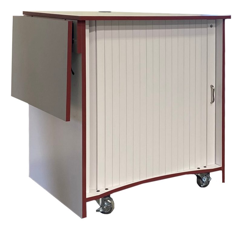 Rear of the teaching lectern with flush-mount locking door and cable access into the 12 RU rack