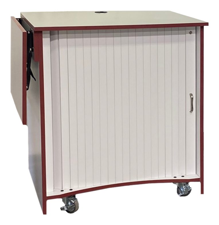 Teaching lectern rear view with the rack bay open and cable management through the floor cutout
