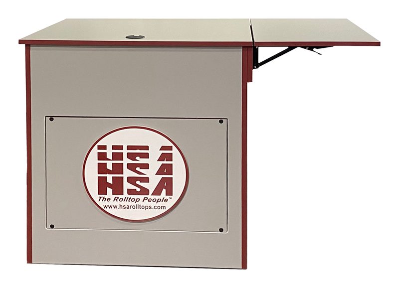 Teaching lectern front view on four heavy-duty 3 inch full-swivel casters, drop leaf folded down