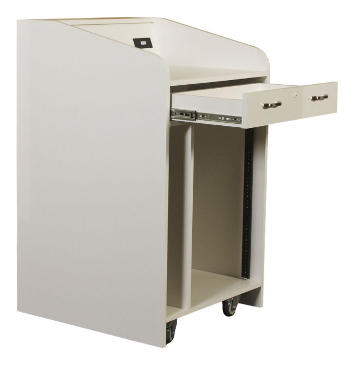 USAVID24 Combo lectern in gloss white laminate with USRACK24 racking and a custom cable box cutout