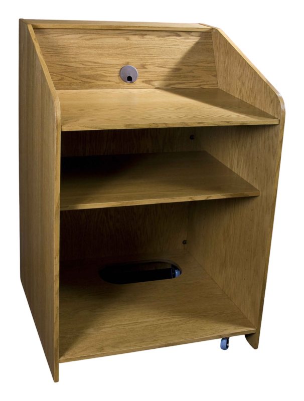 USAVID32 presentation lectern, front view with worksurface and rolltop rack door closed