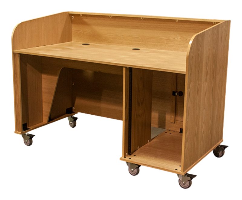 Open Series 17029 presentation desk with 16RU of rack space, side view