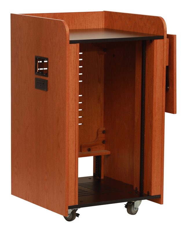 Open Series 23001 custom mixer workstation rack in warm cherry, angled view
