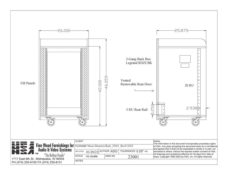 Open Series 23001 mixer workstation rack, front view with the 20 RU front rails