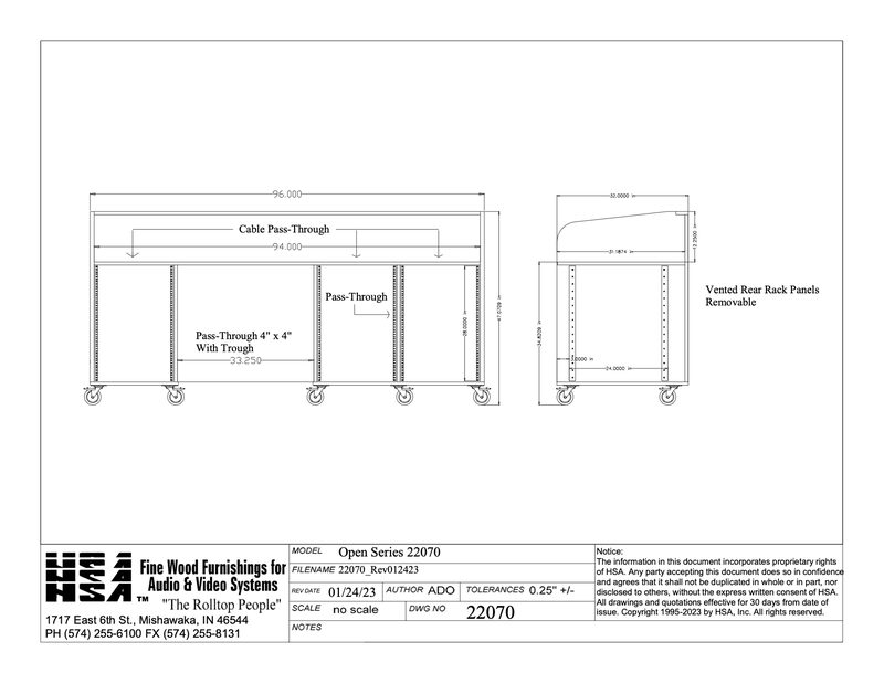 Open Series 22070 mobile production desk drawing with dimensions