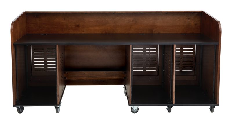 Open Series 22070 mobile production desk, front view with three 16 RU racks