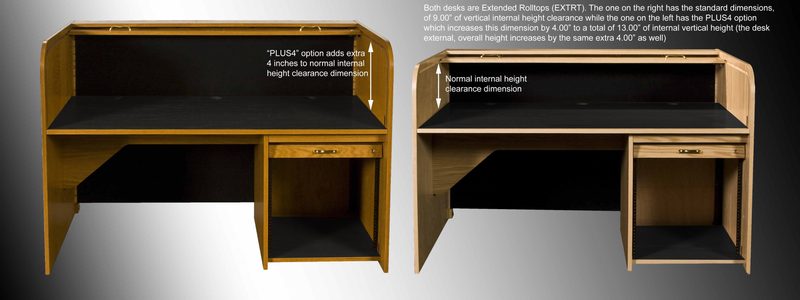 Open Extended Rolltop desk with dimension lines marking the PLUS4 added height