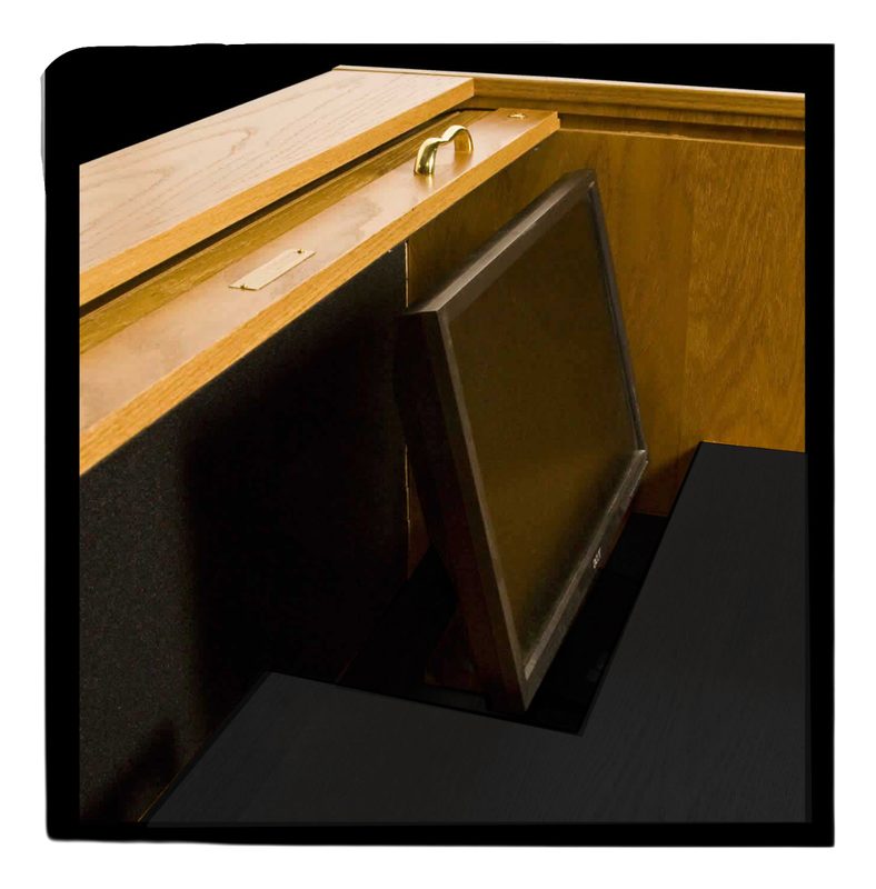 Adjustable Video Bay drop-down monitor platform on a rolltop desk