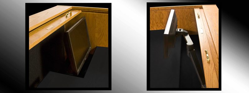 VIDEOBAY composite showing recessed monitor bays at desk rear and across full width