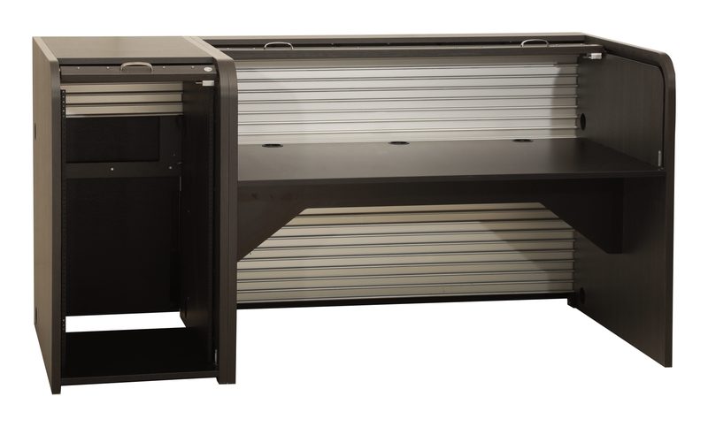Anodized aluminum rolltop edge detail on a rack body in studio light