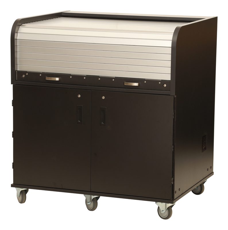 Anodized aluminum rolltop corner detail showing the interlocking tambour panels