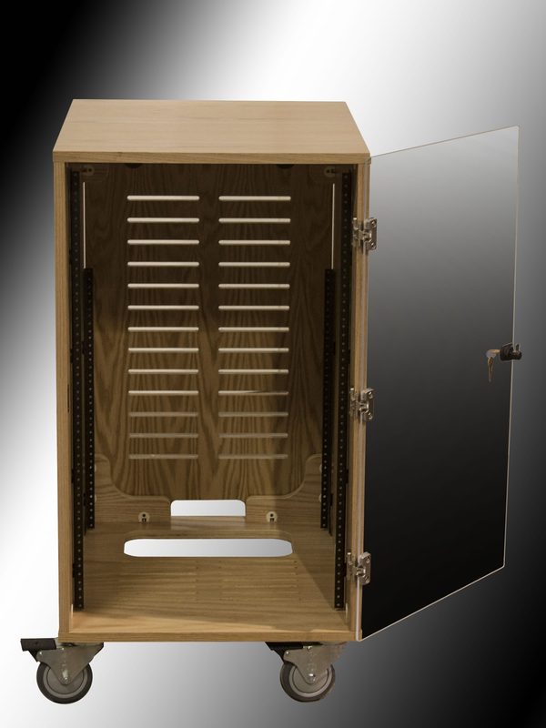 Classic Rack door with acrylic PLEXDOOR and heavy-duty casters, door opened flat against the rack side