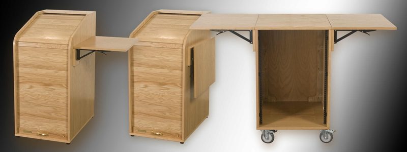 Folding side shelf composite showing the FOLDDWNR mount on a PR rack