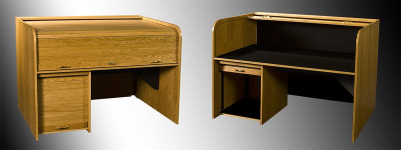Extended Rolltop desk in black laminate with the undermounted rack built on the left