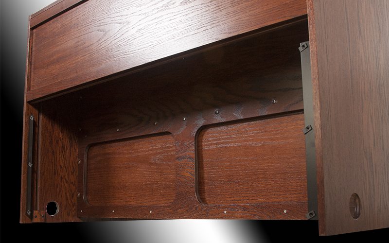 Normal rear modesty panel installed on an Inspire Extended desk, lower rear view