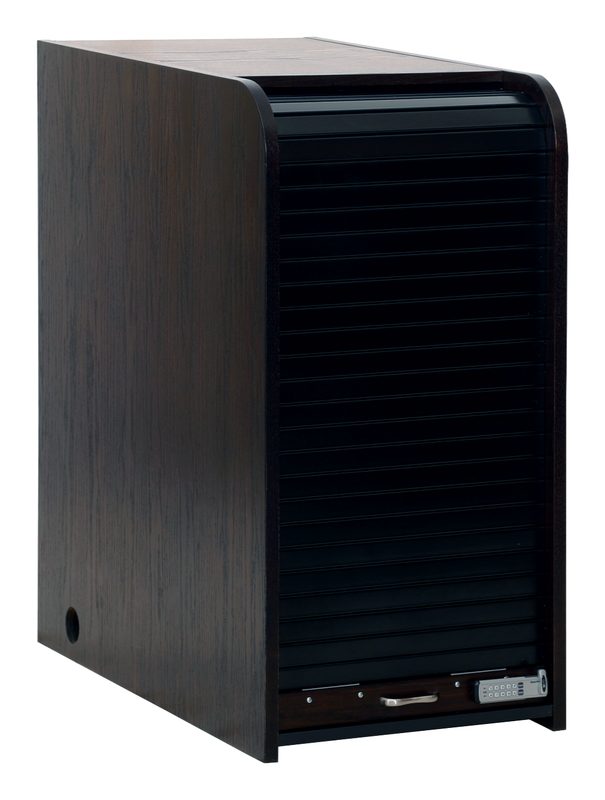 Powder coated tambour panels shown closed at an angle on a rack